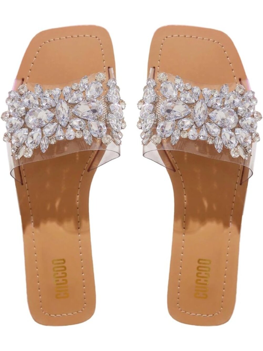 Women's Khaki Rhinestone Sandals Square Toe Slides Sparkle Transparent Flats